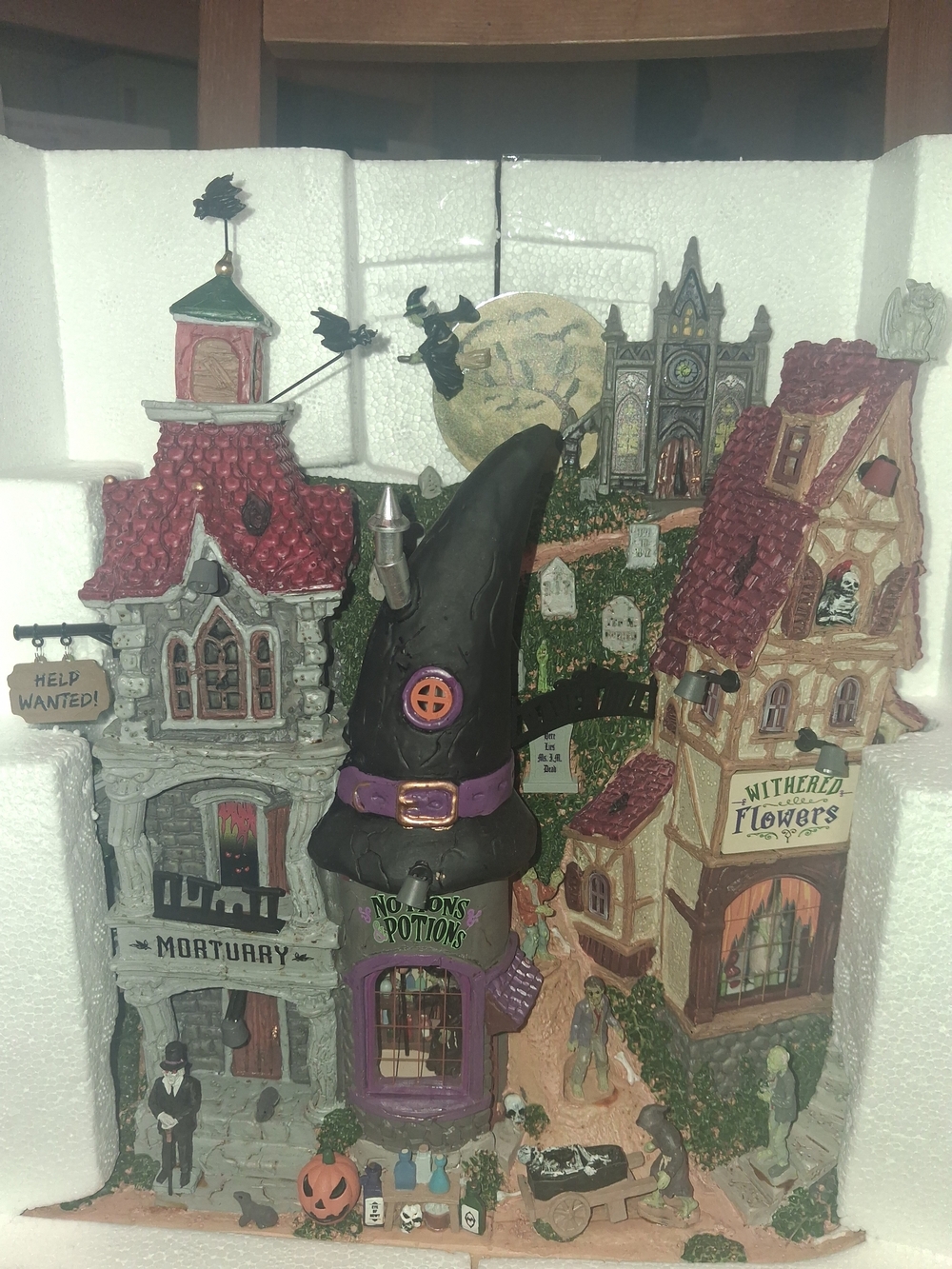 Halloween Witch Hat Potion Shop Village Display - Black, Purple, Gray